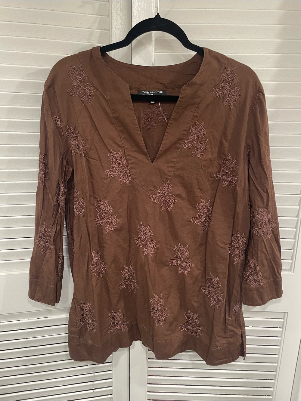 Jones New York Brown Embroidered V-Neck Tunic